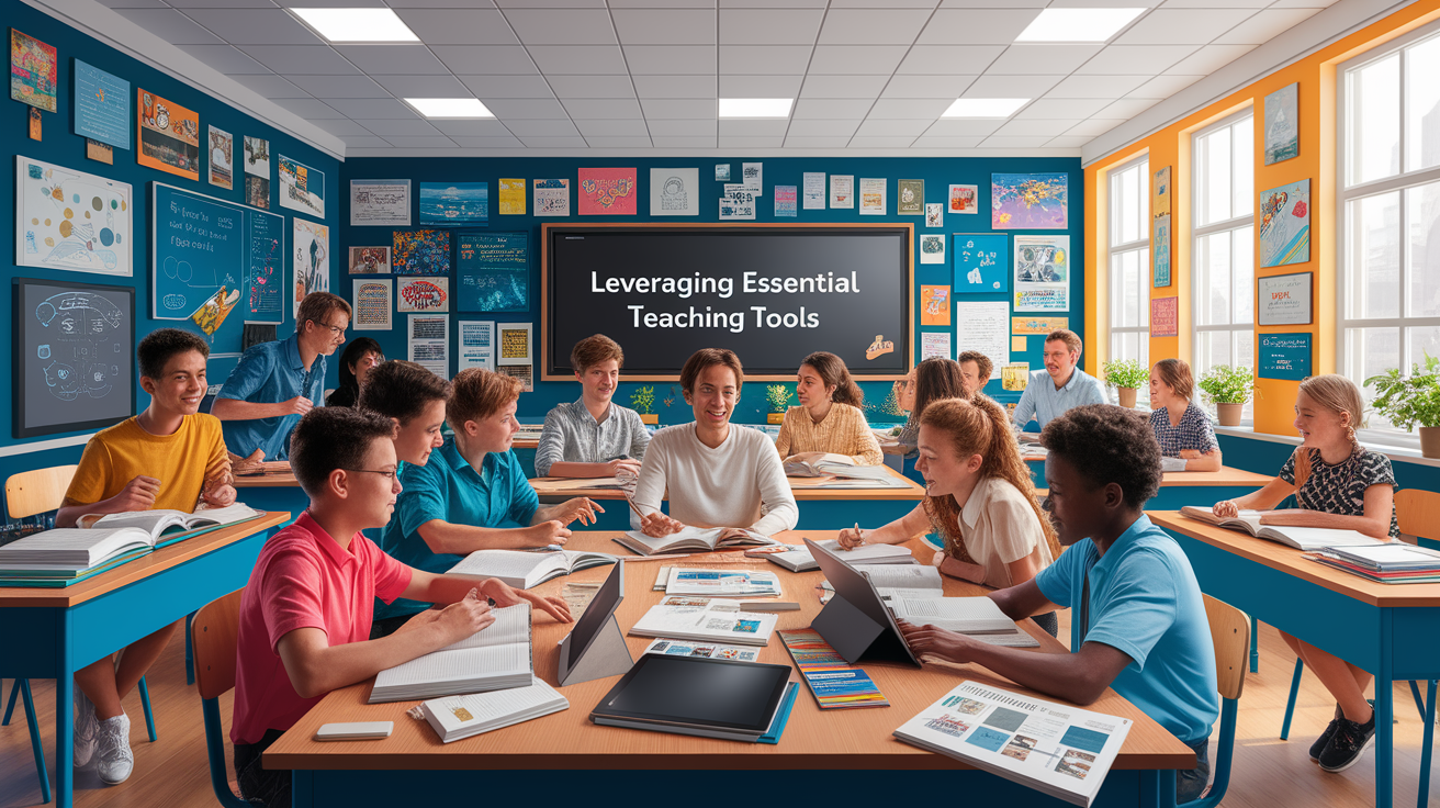 A conceptual illustration representing Leveraging Essential Teaching Tools. Visualize the main ideas: . Creative but clear representation of the concept. Style: photorealistic. high quality, detailed, professional, clean composition, good lighting, sharp focus, well-composed. high quality, professional, detailed, well-composed