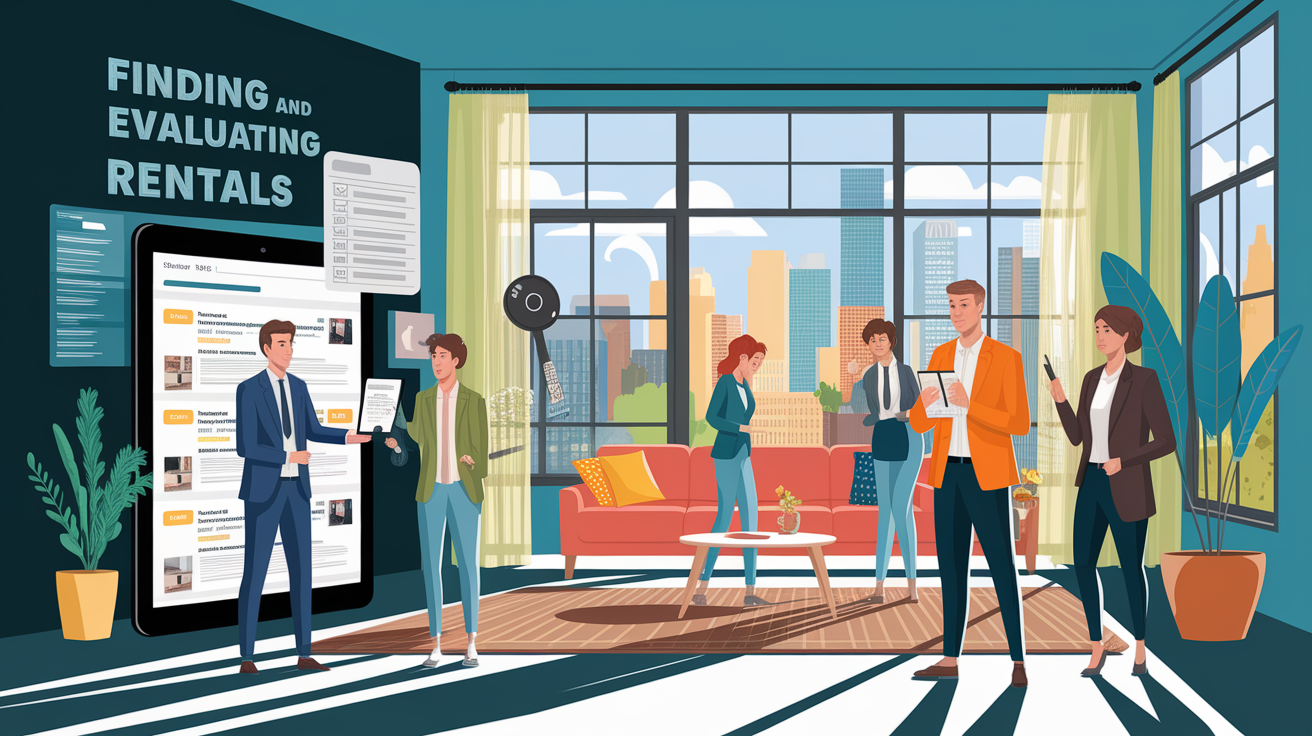 A conceptual illustration representing Finding and Evaluating Rentals. Visualize the main ideas: . Creative but clear representation of the concept. Style: photorealistic. high quality, detailed, professional, clean composition, good lighting, sharp focus, well-composed. high quality, professional, detailed, well-composed