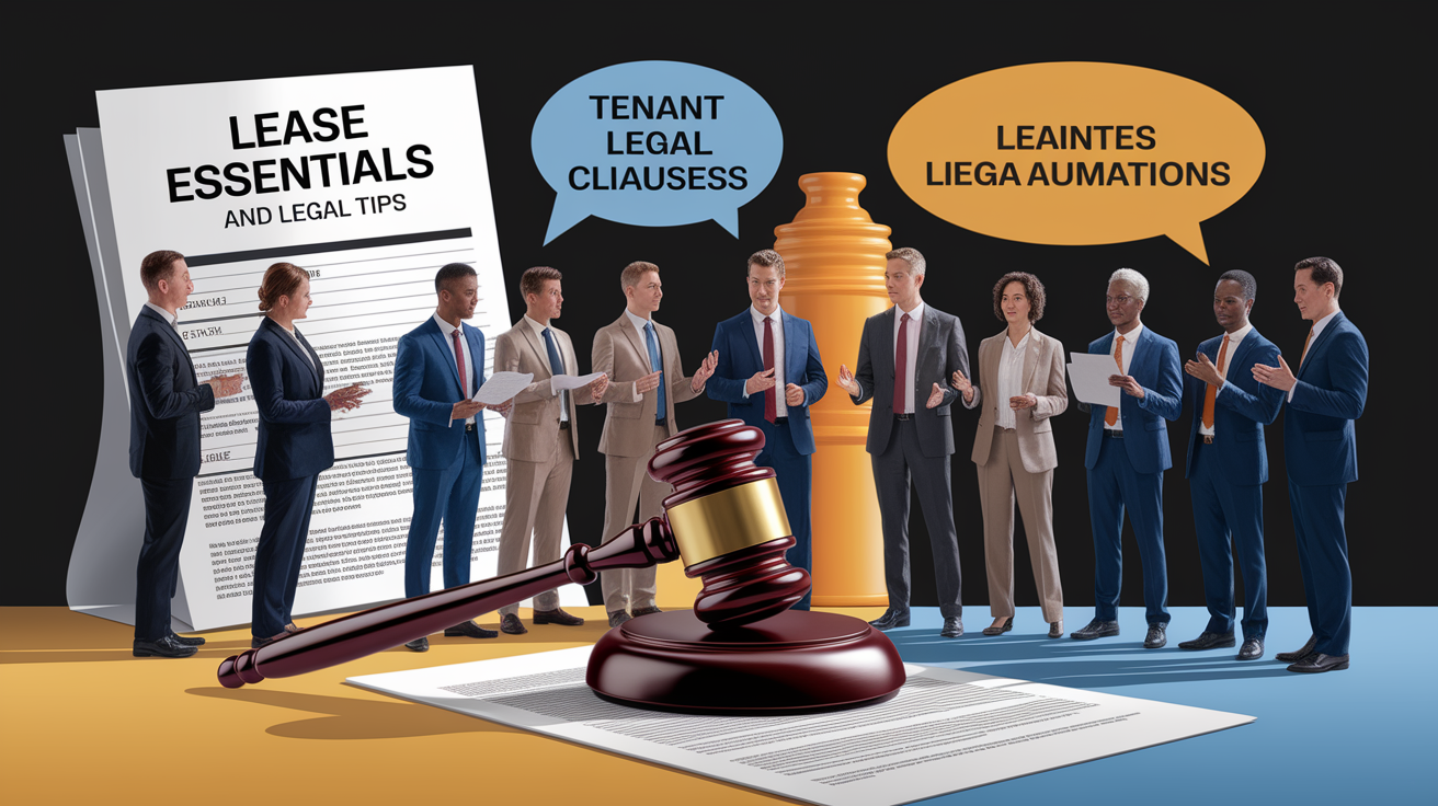A conceptual illustration representing Lease Essentials and Legal Tips. Visualize the main ideas: . Creative but clear representation of the concept. Style: photorealistic. high quality, detailed, professional, clean composition, good lighting, sharp focus, well-composed. high quality, professional, detailed, well-composed
