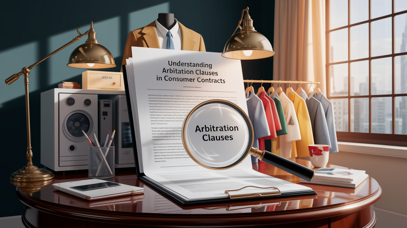 A conceptual illustration representing Understanding Arbitration Clauses in Consumer Contracts. Visualize the main ideas: . Creative but clear representation of the concept. Style: photorealistic. high quality, detailed, professional, clean composition, good lighting, sharp focus, well-composed. high quality, professional, detailed, well-composed