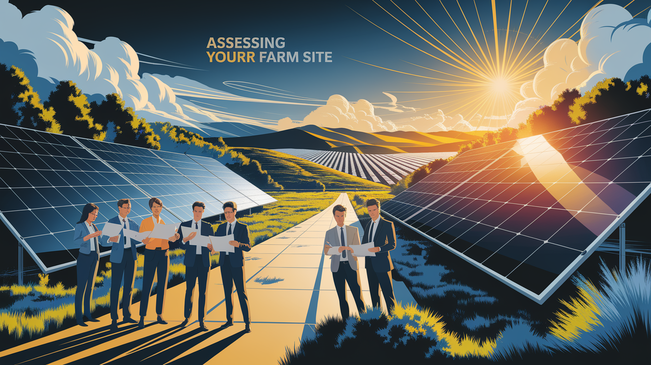 A conceptual illustration representing Assessing Your Solar Farm Site. Visualize the main ideas: . Creative but clear representation of the concept. Style: Visual Theme: Clean, modern aesthetic with high contrast and vibrant energy. Emphasize the intersect. high quality, detailed, professional, clean composition, good lighting, sharp focus, well-composed. high quality, professional, detailed, well-composed