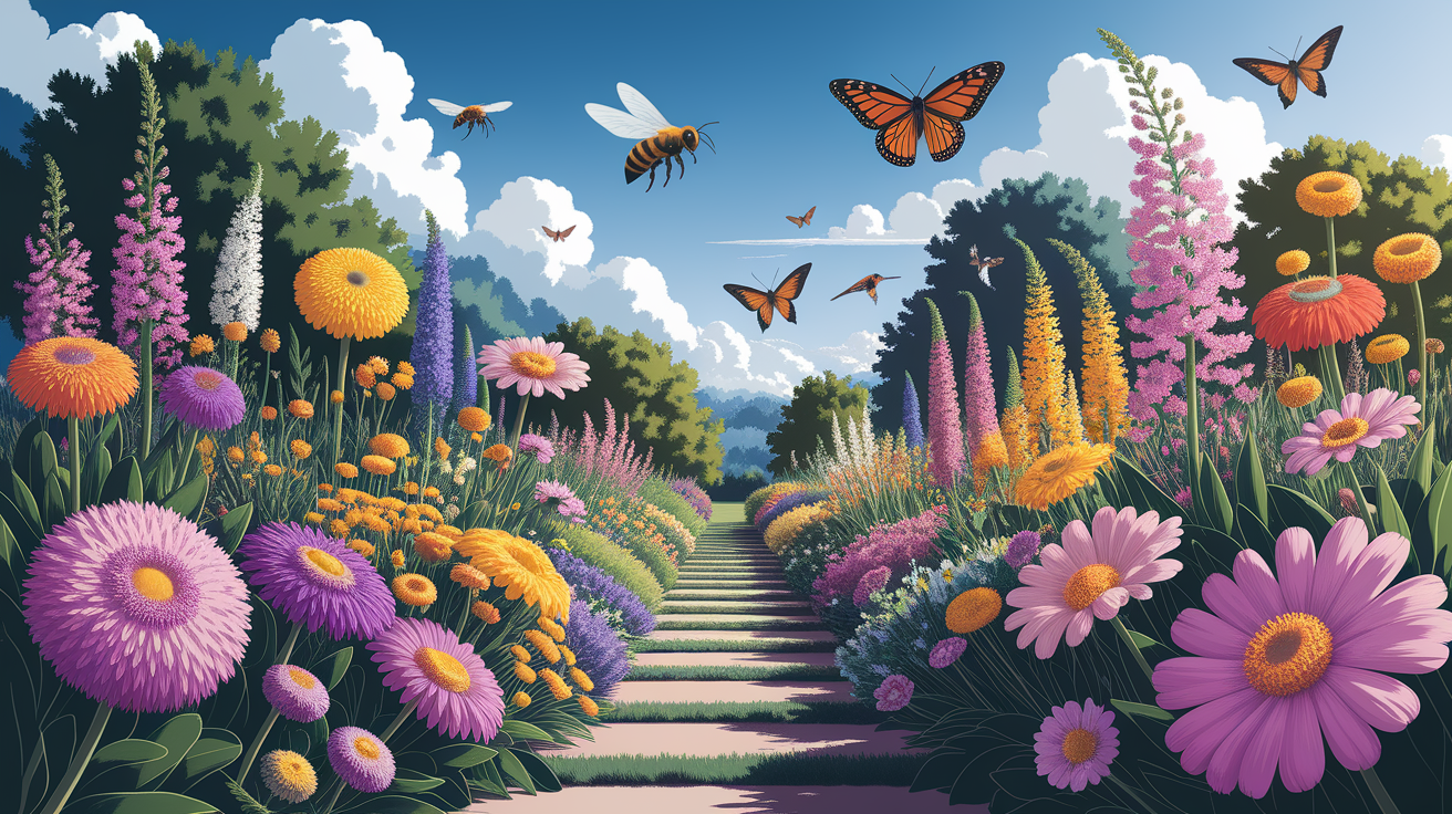 A conceptual illustration representing Selecting Pollinator-Friendly Plantings. Visualize the main ideas: . Creative but clear representation of the concept. Style: Visual Theme: Clean, modern aesthetic with high contrast and vibrant energy. Emphasize the intersect. high quality, detailed, professional, clean composition, good lighting, sharp focus, well-composed. high quality, professional, detailed, well-composed