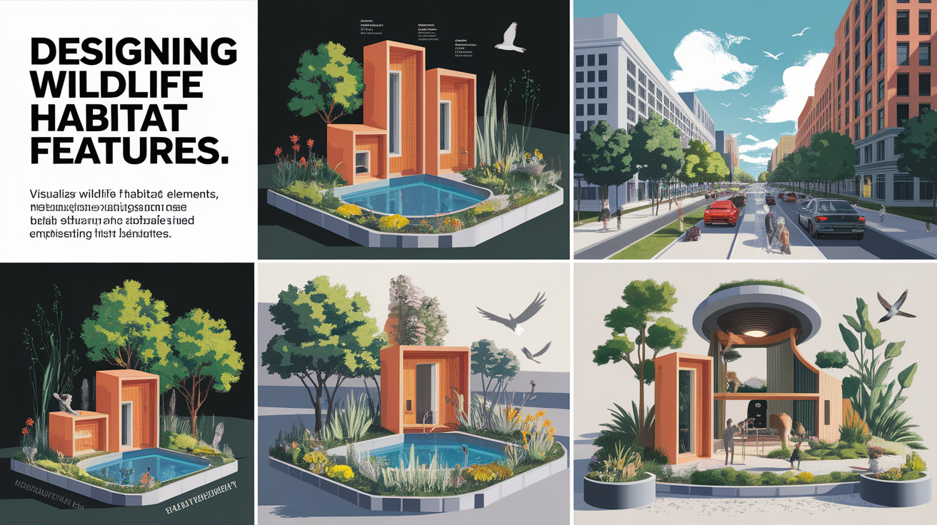A conceptual illustration representing Designing Wildlife Habitat Features. Visualize the main ideas: . Creative but clear representation of the concept. Style: Visual Theme: Clean, modern aesthetic with high contrast and vibrant energy. Emphasize the intersect. high quality, detailed, professional, clean composition, good lighting, sharp focus, well-composed. high quality, professional, detailed, well-composed
