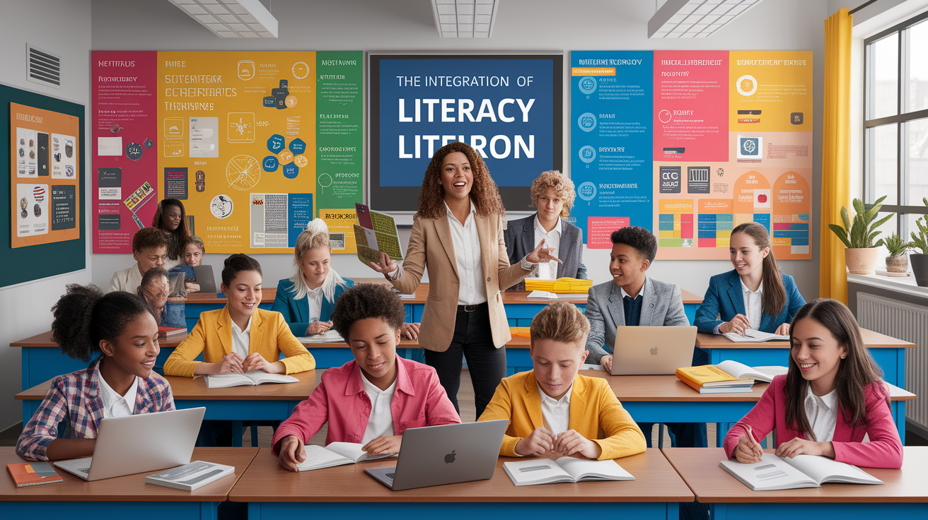 A conceptual illustration representing Integrating Media Literacy into the Curriculum. Visualize the main ideas: . Creative but clear representation of the concept. Style: photorealistic. high quality, detailed, professional, clean composition, good lighting, sharp focus, well-composed. high quality, professional, detailed, well-composed