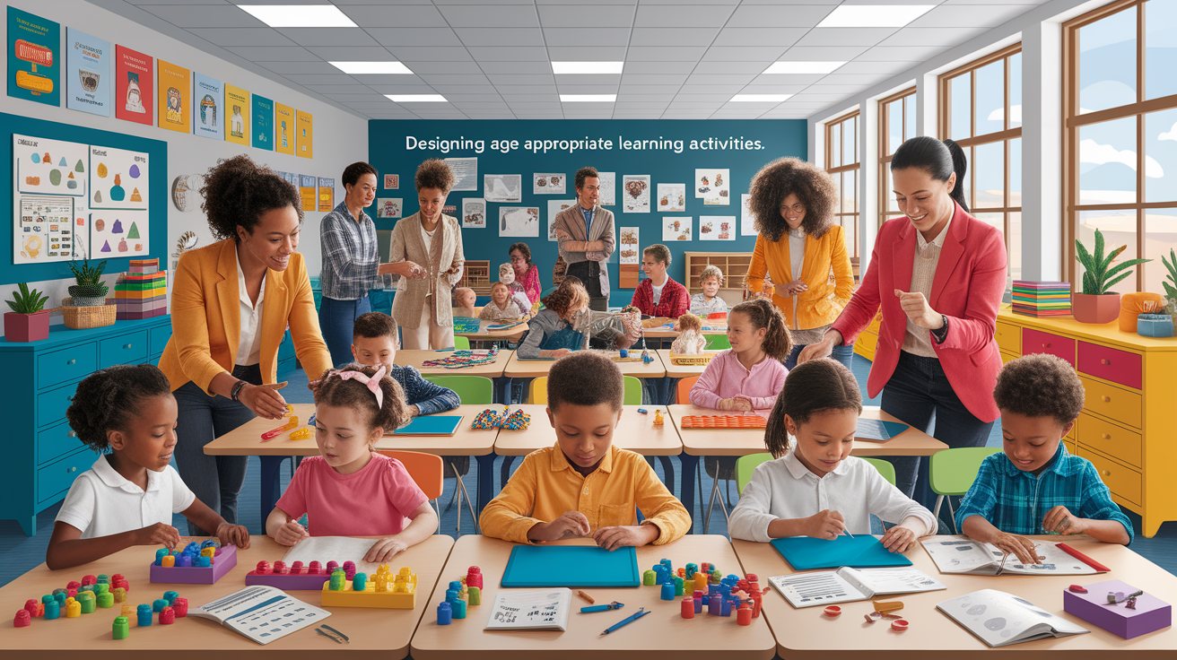 A conceptual illustration representing Designing Age-Appropriate Learning Activities. Visualize the main ideas: . Creative but clear representation of the concept. Style: photorealistic. high quality, detailed, professional, clean composition, good lighting, sharp focus, well-composed. high quality, professional, detailed, well-composed