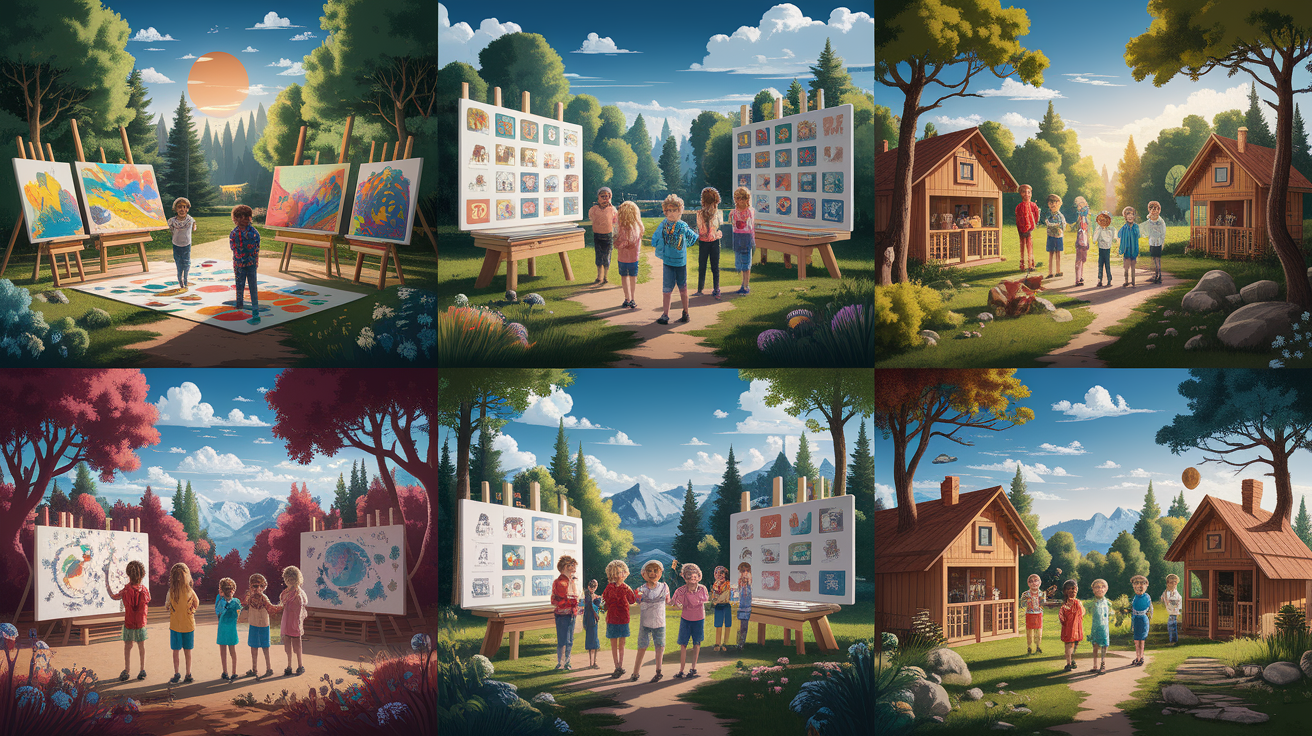 A conceptual illustration representing Theme-Based Camps for Creative Adventures. Visualize the main ideas: . Creative but clear representation of the concept. Style: photorealistic. high quality, detailed, professional, clean composition, good lighting, sharp focus, well-composed. high quality, professional, detailed, well-composed