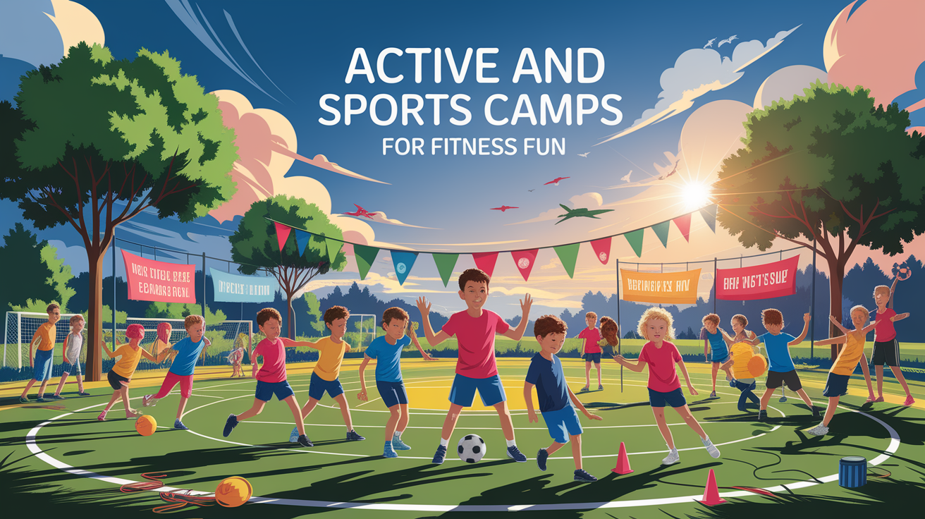 A conceptual illustration representing Active and Sports Camps for Fitness Fun. Visualize the main ideas: . Creative but clear representation of the concept. Style: photorealistic. high quality, detailed, professional, clean composition, good lighting, sharp focus, well-composed. high quality, professional, detailed, well-composed