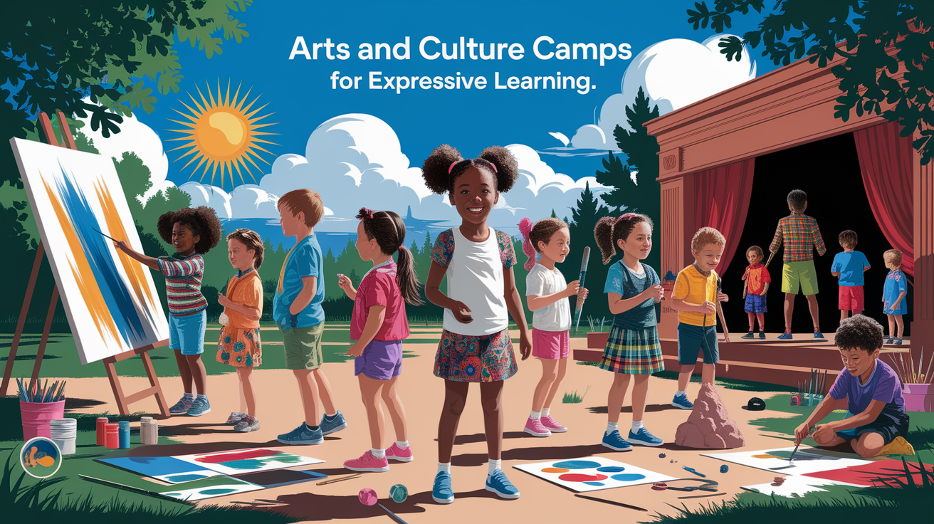 A conceptual illustration representing Arts and Culture Camps for Expressive Learning. Visualize the main ideas: . Creative but clear representation of the concept. Style: photorealistic. high quality, detailed, professional, clean composition, good lighting, sharp focus, well-composed. high quality, professional, detailed, well-composed