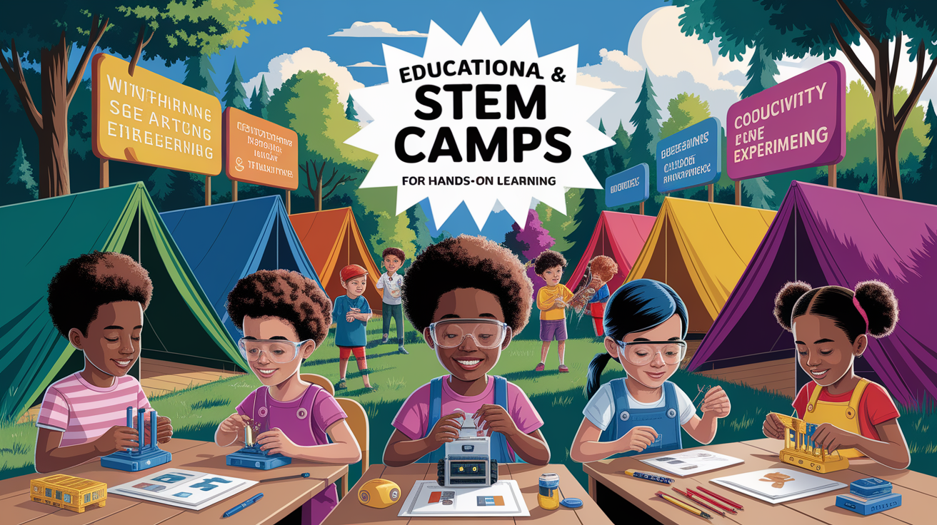 A conceptual illustration representing Educational and STEM Camps for Hands-On Learning. Visualize the main ideas: . Creative but clear representation of the concept. Style: photorealistic. high quality, detailed, professional, clean composition, good lighting, sharp focus, well-composed. high quality, professional, detailed, well-composed