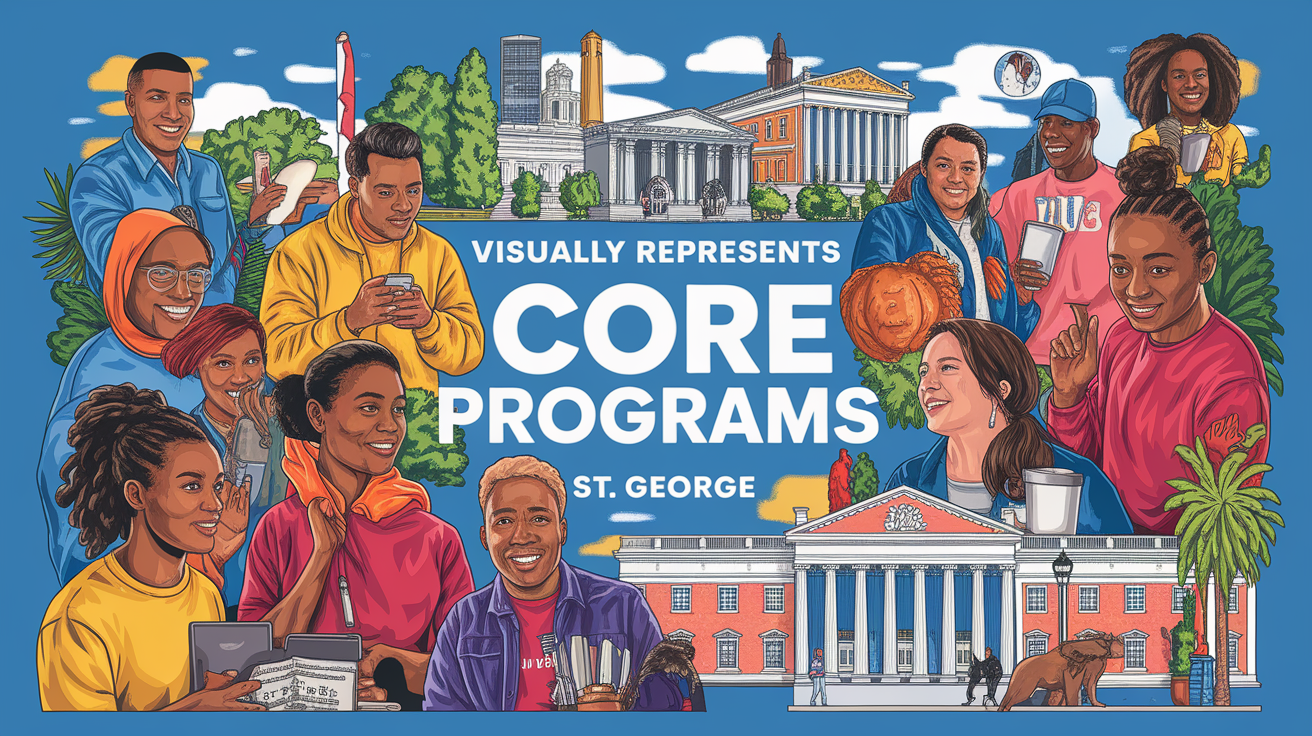 A conceptual illustration representing Core Grant Programs in St. George. Visualize the main ideas: . Creative but clear representation of the concept. Style: photorealistic. high quality, detailed, professional, clean composition, good lighting, sharp focus, well-composed. high quality, professional, detailed, well-composed