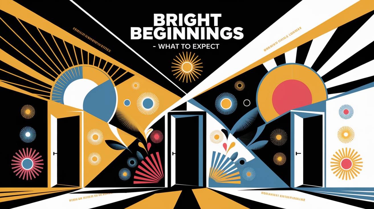 A conceptual illustration representing Bright Beginnings – What to Expect. Visualize the main ideas: . Creative but clear representation of the concept. Style: Visual Theme: Clean, modern aesthetic with high contrast and vibrant energy. Emphasize the intersect. high quality, detailed, professional, clean composition, good lighting, sharp focus, well-composed. high quality, professional, detailed, well-composed