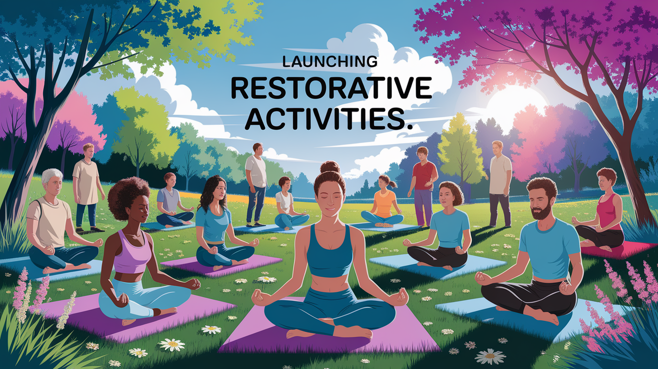 A conceptual illustration representing Launching Restorative Activities. Visualize the main ideas: . Creative but clear representation of the concept. Style: photorealistic. high quality, detailed, professional, clean composition, good lighting, sharp focus, well-composed. high quality, professional, detailed, well-composed