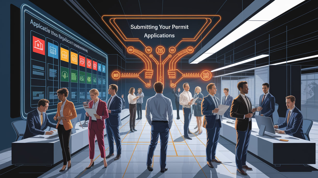 A conceptual illustration representing Submitting Your Permit Applications. Visualize the main ideas: . Creative but clear representation of the concept. Style: Visual Theme: Clean, modern aesthetic with high contrast and vibrant energy. Emphasize the intersect. high quality, detailed, professional, clean composition, good lighting, sharp focus, well-composed. high quality, professional, detailed, well-composed