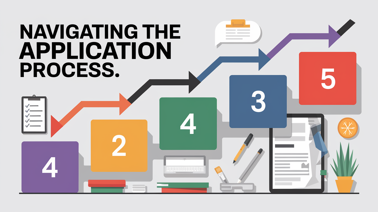 A clear, step-by-step visual illustration showing Navigating the Application Process. Focus on . Include visual elements like arrows, numbered steps, or sequential flow. Professional and instructional style. Style: photorealistic. high quality, detailed, professional, clean composition, good lighting, sharp focus, well-composed. high quality, professional, detailed, well-composed