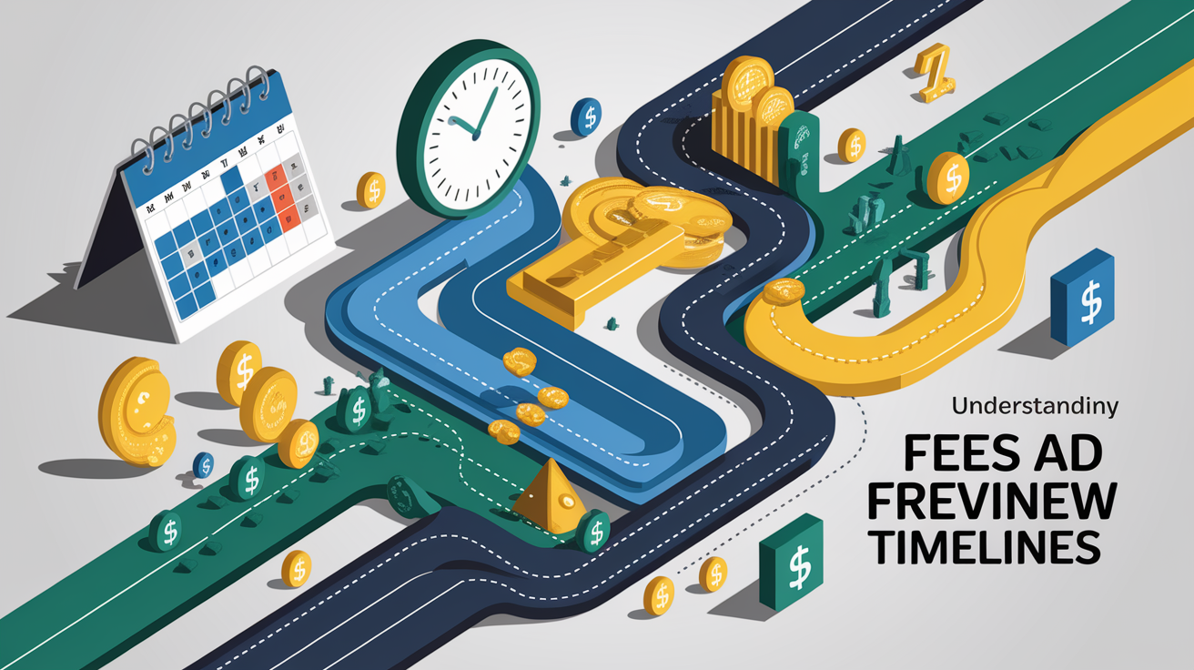 A conceptual illustration representing Understanding Fees and Review Timelines. Visualize the main ideas: . Creative but clear representation of the concept. Style: Visual Theme: Clean, modern aesthetic with high contrast and vibrant energy. Emphasize the intersect. high quality, detailed, professional, clean composition, good lighting, sharp focus, well-composed. high quality, professional, detailed, well-composed