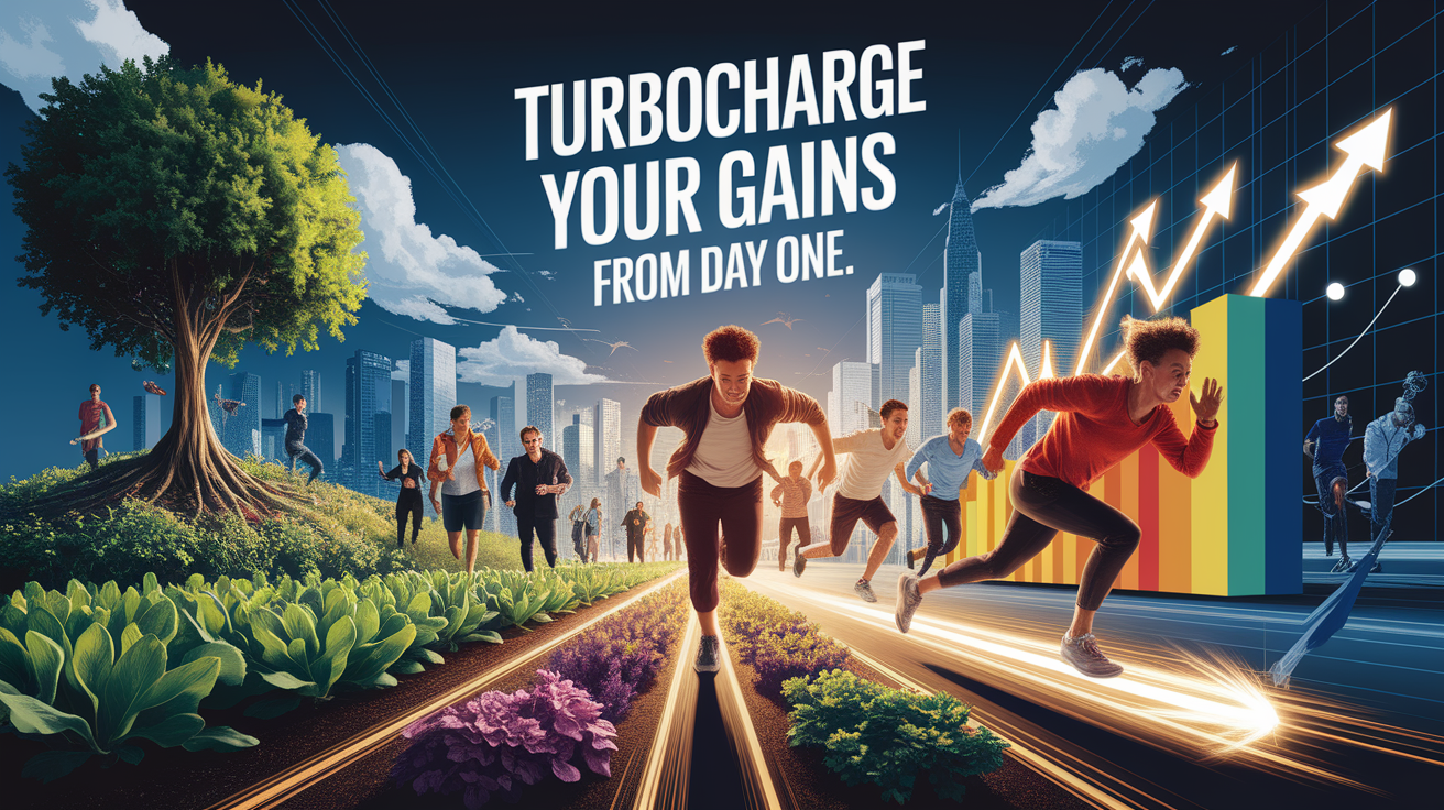 A conceptual illustration representing Turbocharge Your Gains from Day One. Visualize the main ideas: . Creative but clear representation of the concept. Style: photorealistic. high quality, detailed, professional, clean composition, good lighting, sharp focus, well-composed. high quality, professional, detailed, well-composed