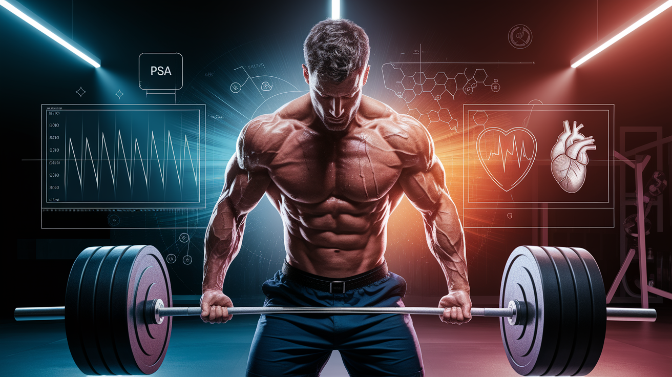 A conceptual illustration representing How Weight Lifting Affects PSA Levels. Visualize the main ideas: . Creative but clear representation of the concept. Style: photorealistic. high quality, detailed, professional, clean composition, good lighting, sharp focus, well-composed. high quality, professional, detailed, well-composed