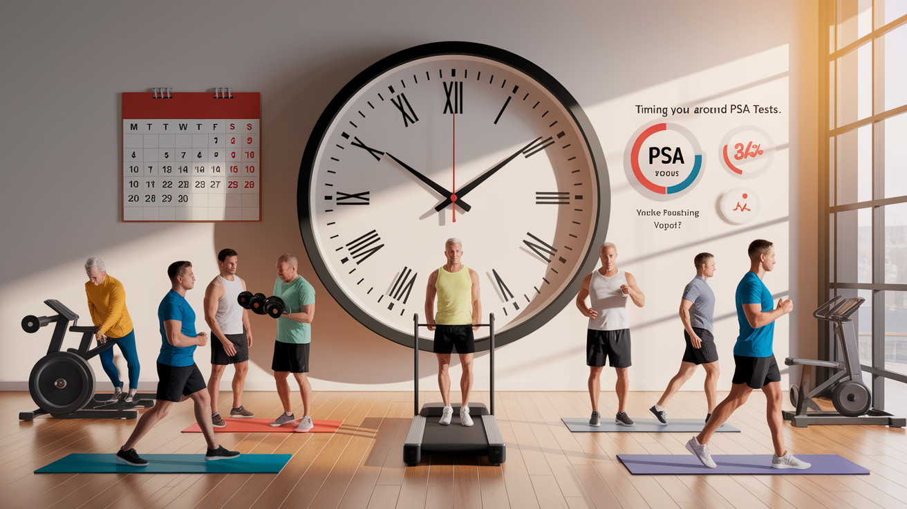 A conceptual illustration representing Timing Your Workout Around PSA Tests. Visualize the main ideas: . Creative but clear representation of the concept. Style: photorealistic. high quality, detailed, professional, clean composition, good lighting, sharp focus, well-composed. high quality, professional, detailed, well-composed