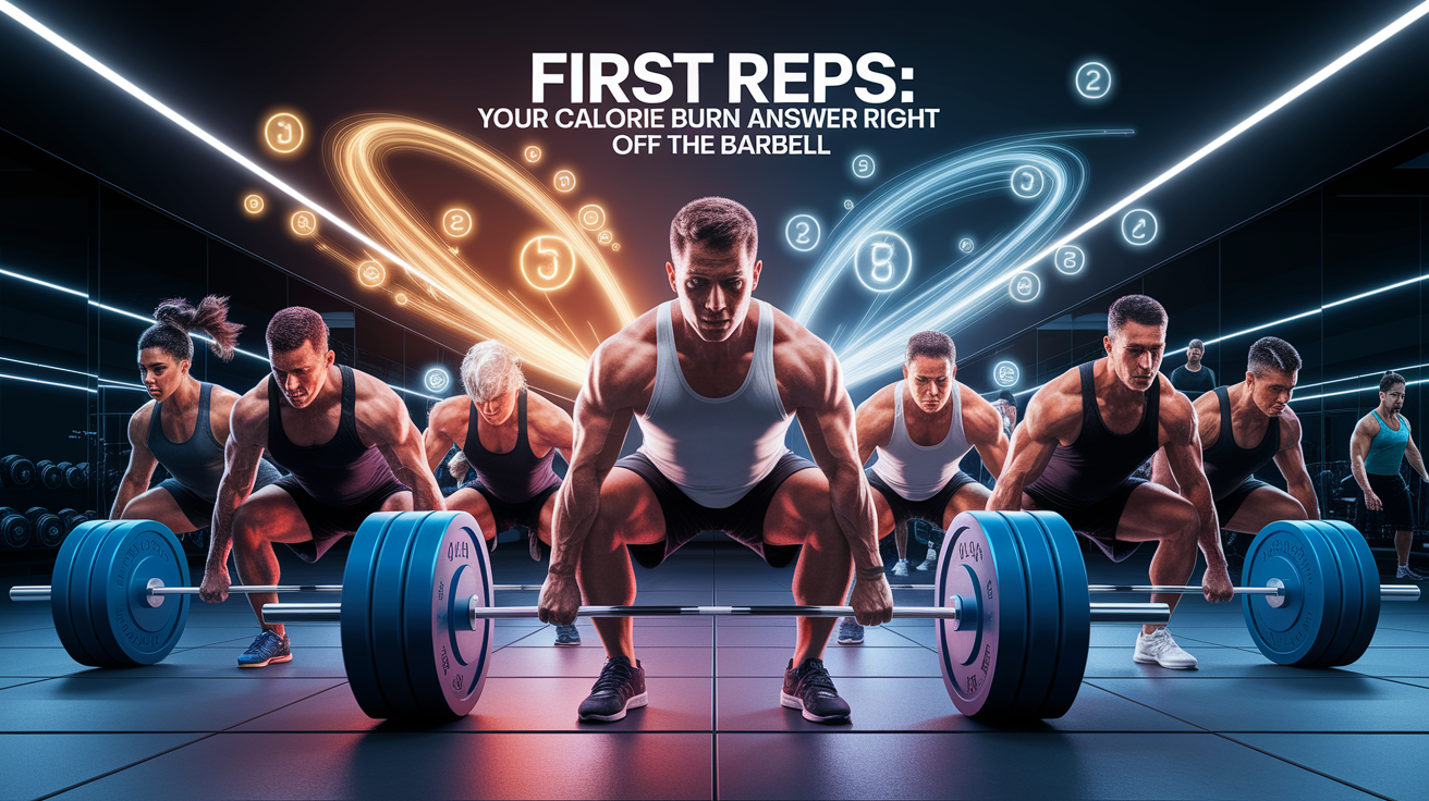 A conceptual illustration representing First Reps: Your Calorie Burn Answer Right off the Barbell. Visualize the main ideas: . Creative but clear representation of the concept. Style: photorealistic. high quality, detailed, professional, clean composition, good lighting, sharp focus, well-composed. high quality, professional, detailed, well-composed