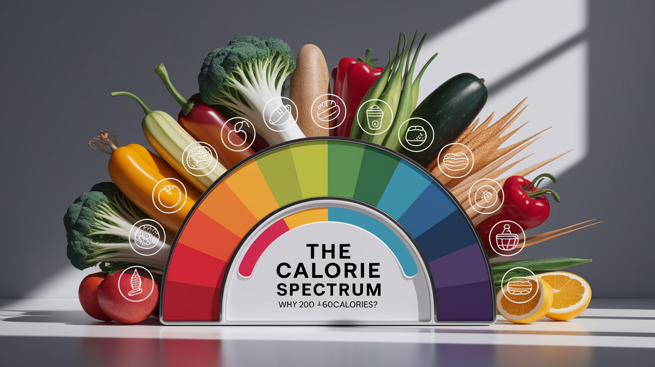 A conceptual illustration representing The Calorie Spectrum: Why 200 to 600 Calories?. Visualize the main ideas: . Creative but clear representation of the concept. Style: photorealistic. high quality, detailed, professional, clean composition, good lighting, sharp focus, well-composed. high quality, professional, detailed, well-composed