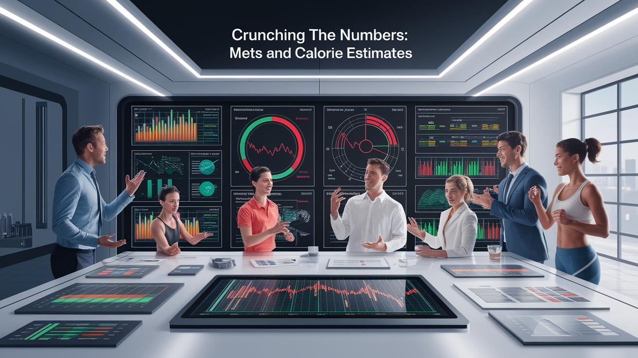 A conceptual illustration representing Crunching the Numbers: METs and Calorie Estimates. Visualize the main ideas: . Creative but clear representation of the concept. Style: photorealistic. high quality, detailed, professional, clean composition, good lighting, sharp focus, well-composed. high quality, professional, detailed, well-composed