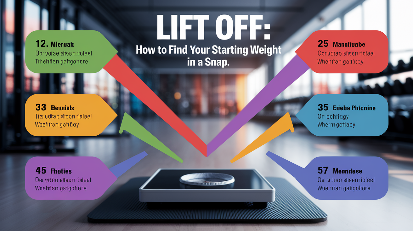 A clear, step-by-step visual illustration showing Lift Off: How to Find Your Starting Weight in a Snap. Focus on . Include visual elements like arrows, numbered steps, or sequential flow. Professional and instructional style. Style: photorealistic. high quality, detailed, professional, clean composition, good lighting, sharp focus, well-composed. high quality, professional, detailed, well-composed