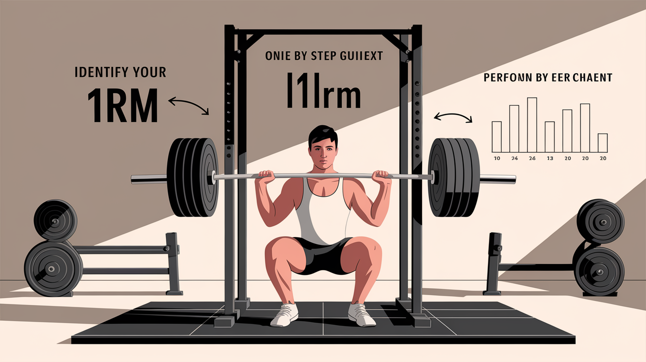 A clear, step-by-step visual illustration showing 1RM Percentage Method. Focus on . Include visual elements like arrows, numbered steps, or sequential flow. Professional and instructional style. Style: photorealistic. high quality, detailed, professional, clean composition, good lighting, sharp focus, well-composed. high quality, professional, detailed, well-composed