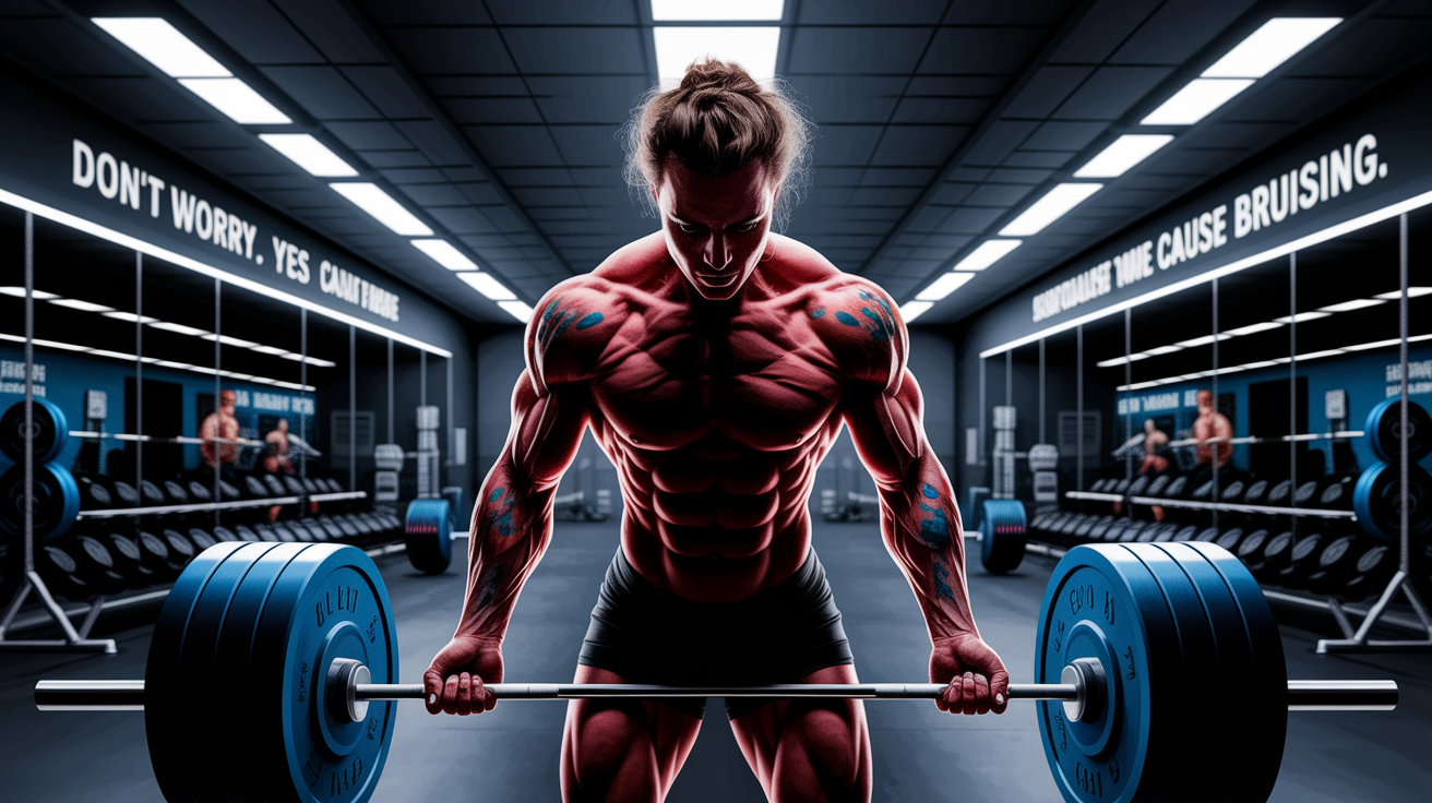 A conceptual illustration representing Don't Worry, Yes â Weight Lifting Can Cause Bruising. Visualize the main ideas: . Creative but clear representation of the concept. Style: photorealistic. high quality, detailed, professional, clean composition, good lighting, sharp focus, well-composed. high quality, professional, detailed, well-composed