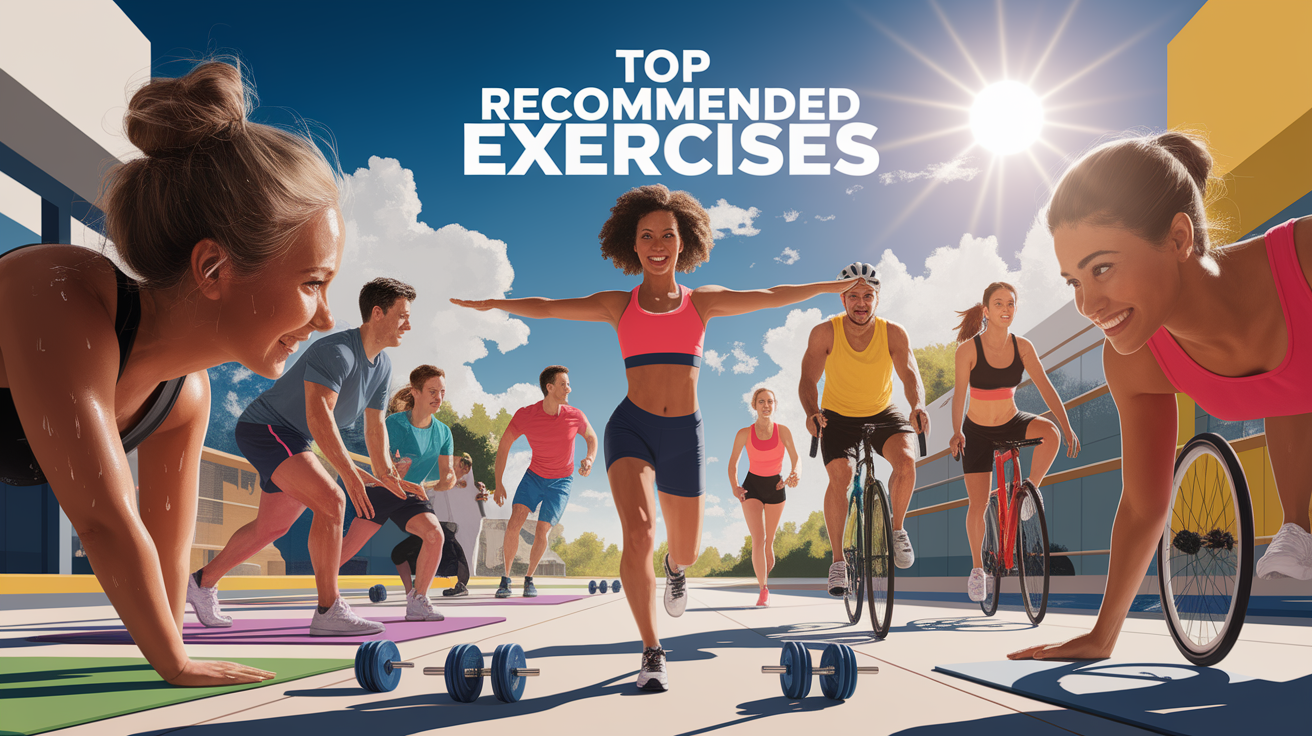 A conceptual illustration representing Top Recommended Exercises. Visualize the main ideas: . Creative but clear representation of the concept. Style: photorealistic. high quality, detailed, professional, clean composition, good lighting, sharp focus, well-composed. high quality, professional, detailed, well-composed