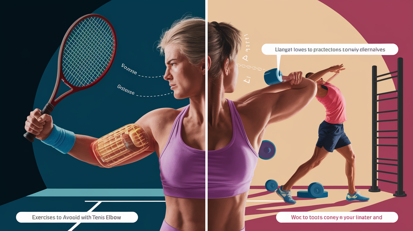 A conceptual illustration representing Exercises to Avoid with Tennis Elbow. Visualize the main ideas: . Creative but clear representation of the concept. Style: photorealistic. high quality, detailed, professional, clean composition, good lighting, sharp focus, well-composed. high quality, professional, detailed, well-composed
