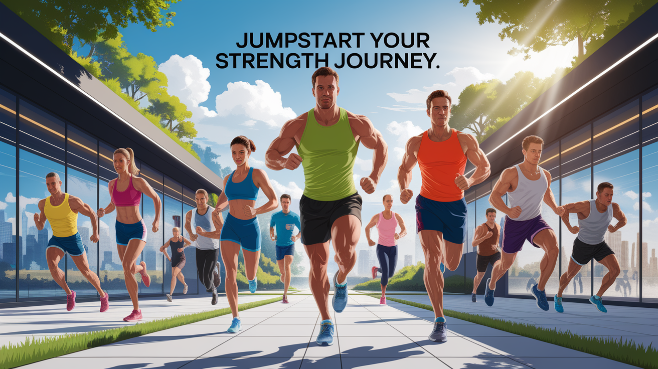 A conceptual illustration representing Jumpstart Your Strength Journey. Visualize the main ideas: . Creative but clear representation of the concept. Style: photorealistic. high quality, detailed, professional, clean composition, good lighting, sharp focus, well-composed. high quality, professional, detailed, well-composed