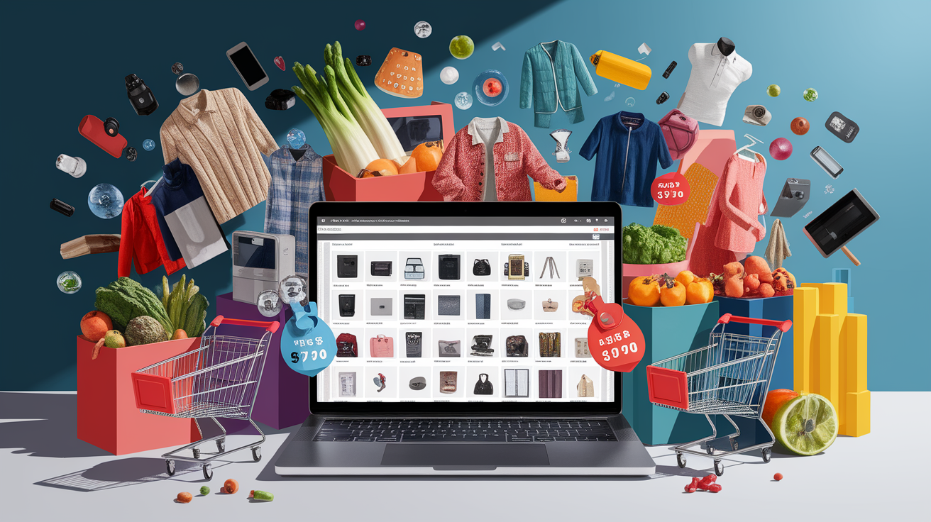 A conceptual illustration representing Online Retailers for Convenience and Variety. Visualize the main ideas: . Creative but clear representation of the concept. Style: photorealistic. high quality, detailed, professional, clean composition, good lighting, sharp focus, well-composed. high quality, professional, detailed, well-composed