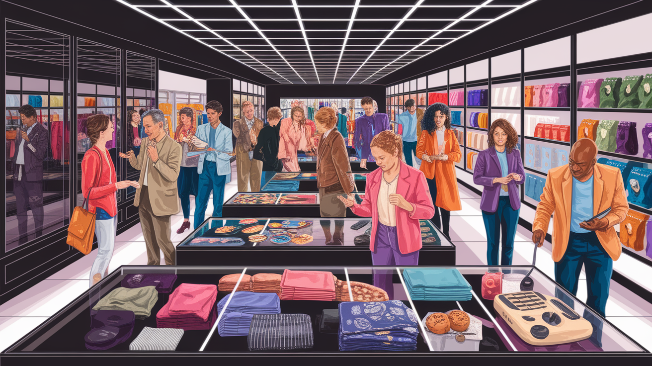 A conceptual illustration representing In-Store Shopping for Hands-On Selection. Visualize the main ideas: . Creative but clear representation of the concept. Style: photorealistic. high quality, detailed, professional, clean composition, good lighting, sharp focus, well-composed. high quality, professional, detailed, well-composed