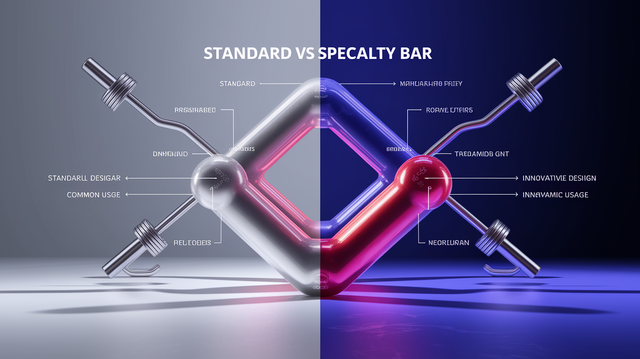 A side-by-side comparison visual for Standard vs Specialty Bars: Know Your Equipment. Show contrasting elements: . Use clear visual separation, possibly with split-screen or before/after layout. Style: photorealistic. high quality, detailed, professional, clean composition, good lighting, sharp focus, well-composed. high quality, professional, detailed, well-composed