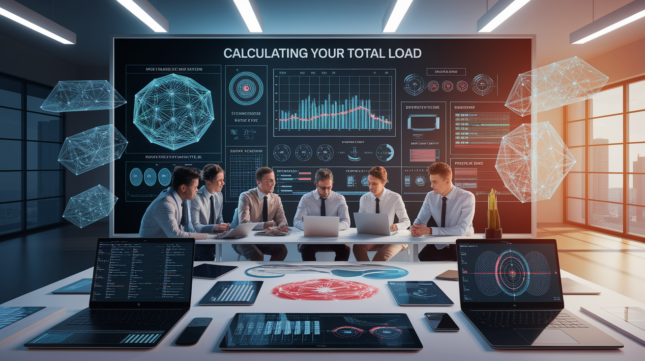 A conceptual illustration representing Calculating Your Total Load. Visualize the main ideas: . Creative but clear representation of the concept. Style: photorealistic. high quality, detailed, professional, clean composition, good lighting, sharp focus, well-composed. high quality, professional, detailed, well-composed