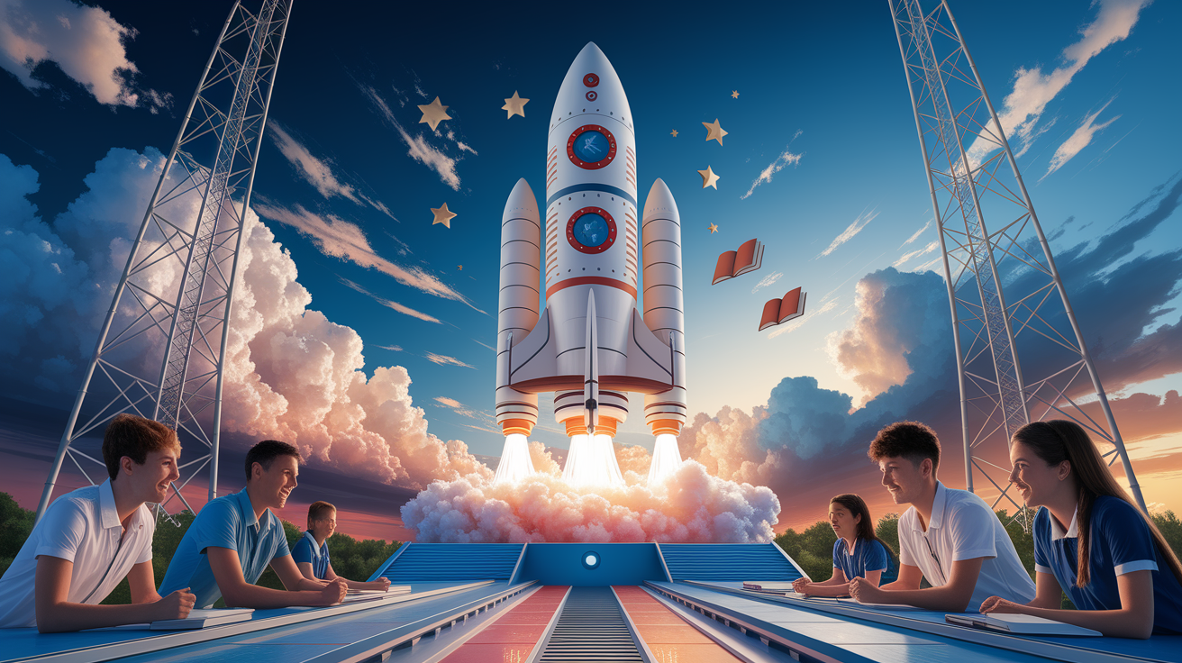 A conceptual illustration representing Launchpad to MTSS Success. Visualize the main ideas: . Creative but clear representation of the concept. Style: photorealistic. high quality, detailed, professional, clean composition, good lighting, sharp focus, well-composed. high quality, professional, detailed, well-composed