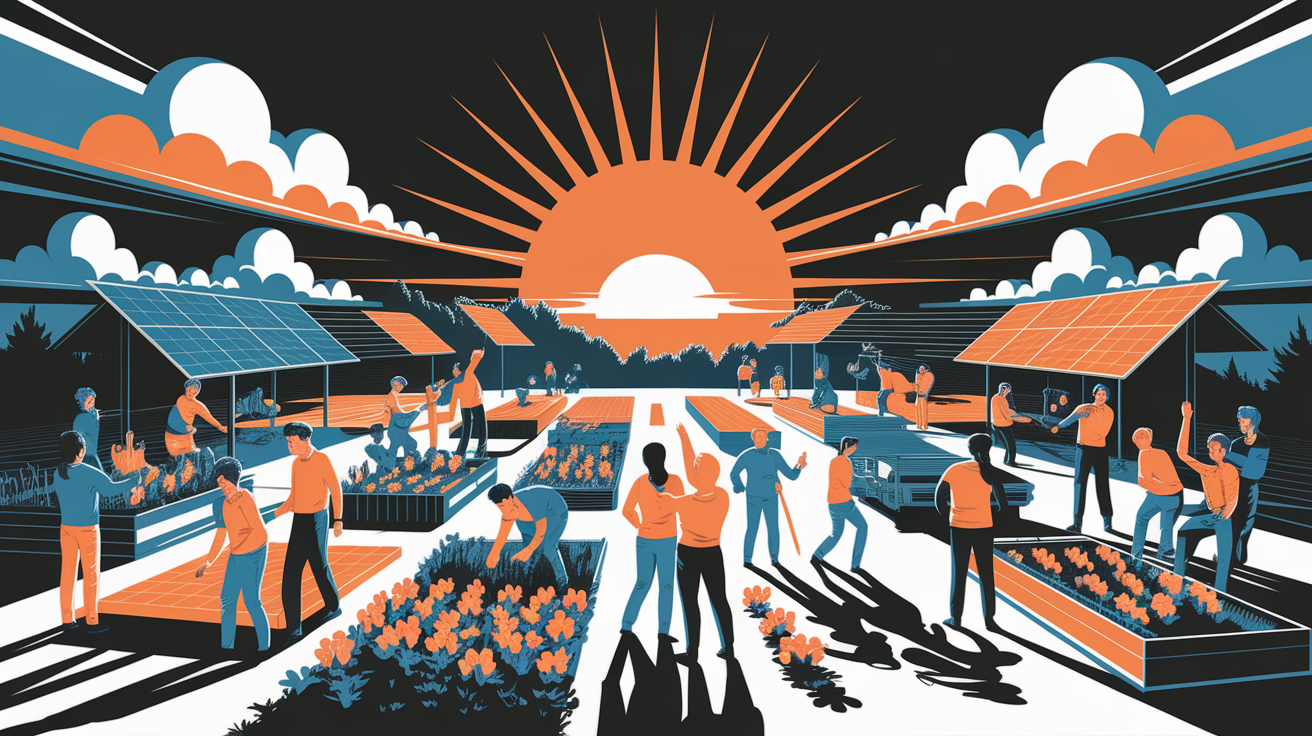 A conceptual illustration representing Sunrise to Solar: Kickstarting Your Community Project. Visualize the main ideas: . Creative but clear representation of the concept. Style: Visual Theme: Clean, modern aesthetic with high contrast and vibrant energy. Emphasize the intersect. high quality, detailed, professional, clean composition, good lighting, sharp focus, well-composed. high quality, professional, detailed, well-composed