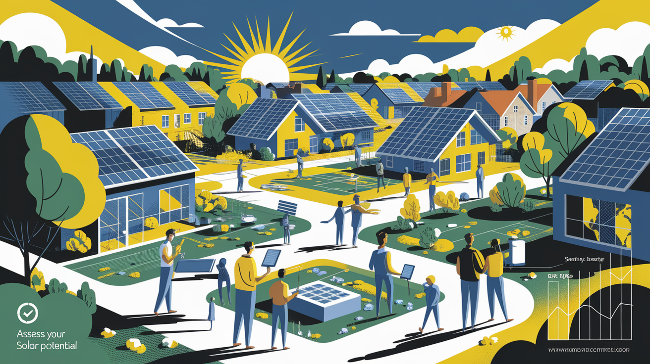A conceptual illustration representing Assess Your Communityâ€™s Solar Potential. Visualize the main ideas: . Creative but clear representation of the concept. Style: Visual Theme: Clean, modern aesthetic with high contrast and vibrant energy. Emphasize the intersect. high quality, detailed, professional, clean composition, good lighting, sharp focus, well-composed. high quality, professional, detailed, well-composed