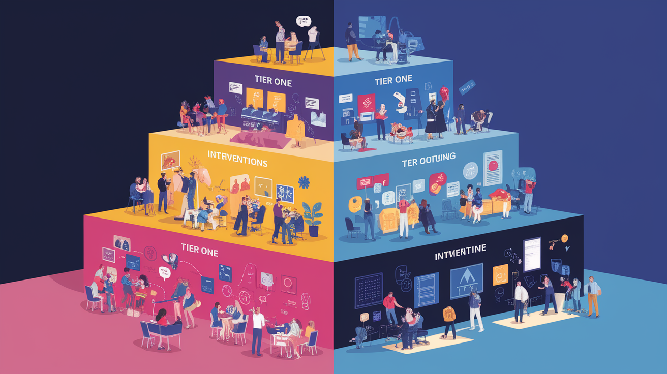 A conceptual illustration representing Designing Tiered Interventions. Visualize the main ideas: . Creative but clear representation of the concept. Style: photorealistic. high quality, detailed, professional, clean composition, good lighting, sharp focus, well-composed. high quality, professional, detailed, well-composed