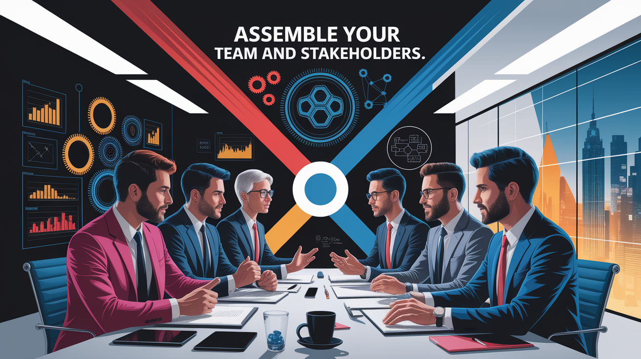 A conceptual illustration representing Assemble Your Core Team and Stakeholders. Visualize the main ideas: . Creative but clear representation of the concept. Style: Visual Theme: Clean, modern aesthetic with high contrast and vibrant energy. Emphasize the intersect. high quality, detailed, professional, clean composition, good lighting, sharp focus, well-composed. high quality, professional, detailed, well-composed