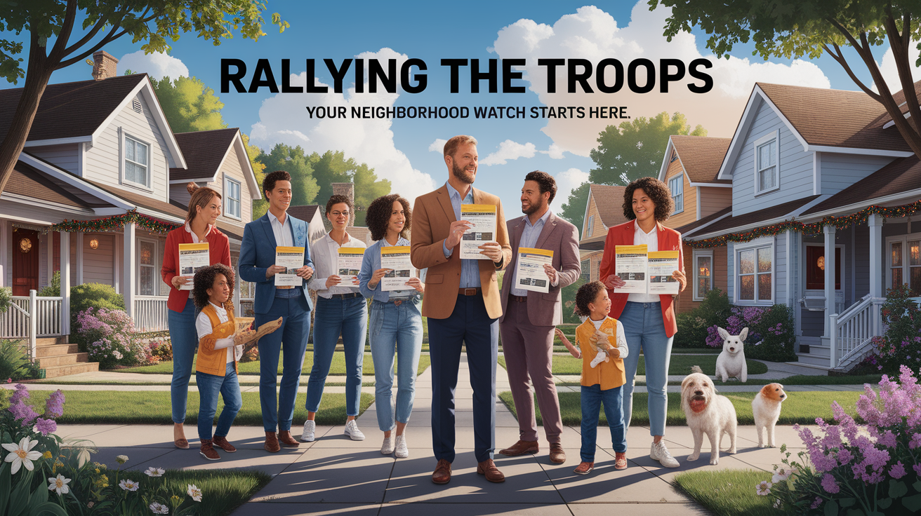 A conceptual illustration representing Rallying the Troops â€“ Your Neighborhood Watch Starts Here. Visualize the main ideas: . Creative but clear representation of the concept. Style: photorealistic. high quality, detailed, professional, clean composition, good lighting, sharp focus, well-composed. high quality, professional, detailed, well-composed