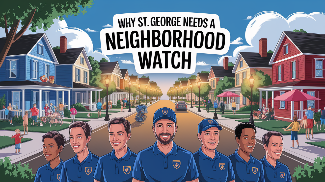A conceptual illustration representing Why St. George Needs a Neighborhood Watch. Visualize the main ideas: . Creative but clear representation of the concept. Style: photorealistic. high quality, detailed, professional, clean composition, good lighting, sharp focus, well-composed. high quality, professional, detailed, well-composed