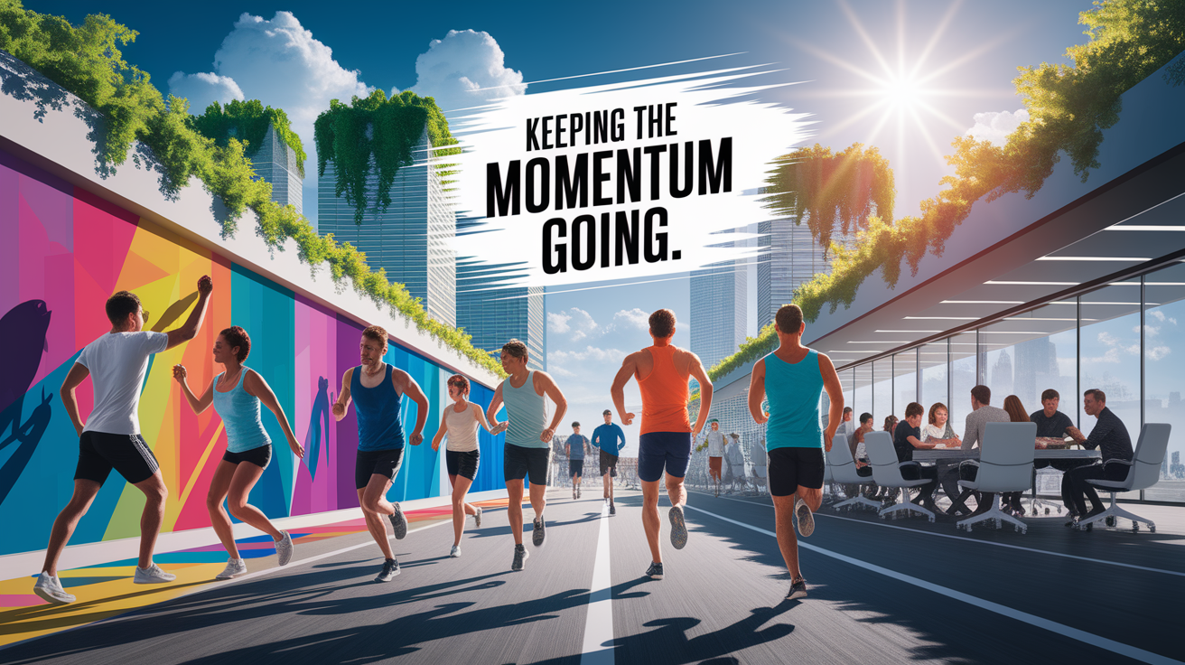A conceptual illustration representing Keeping the Momentum Going. Visualize the main ideas: . Creative but clear representation of the concept. Style: photorealistic. high quality, detailed, professional, clean composition, good lighting, sharp focus, well-composed. high quality, professional, detailed, well-composed