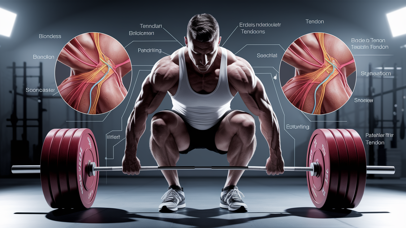 A conceptual illustration representing Understanding Tendonitis in Lifters. Visualize the main ideas: . Creative but clear representation of the concept. Style: photorealistic. high quality, detailed, professional, clean composition, good lighting, sharp focus, well-composed. high quality, professional, detailed, well-composed