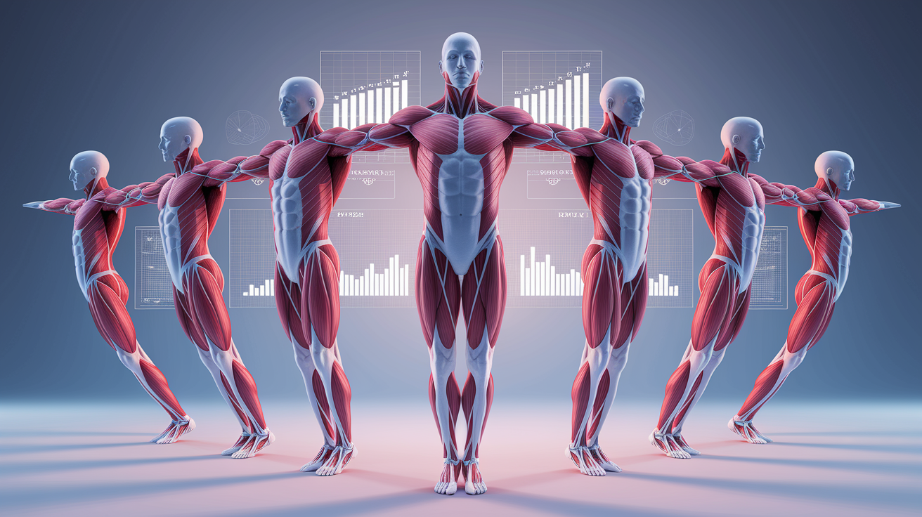 A conceptual illustration representing Range of Motion, Muscle Activation, and Imbalances. Visualize the main ideas: . Creative but clear representation of the concept. Style: photorealistic. high quality, detailed, professional, clean composition, good lighting, sharp focus, well-composed. high quality, professional, detailed, well-composed