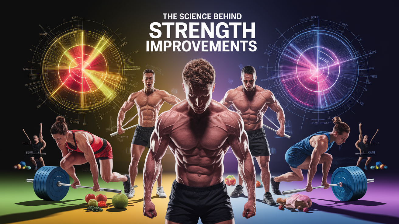 A conceptual illustration representing The Science Behind Strength Improvements. Visualize the main ideas: . Creative but clear representation of the concept. Style: photorealistic. high quality, detailed, professional, clean composition, good lighting, sharp focus, well-composed. high quality, professional, detailed, well-composed