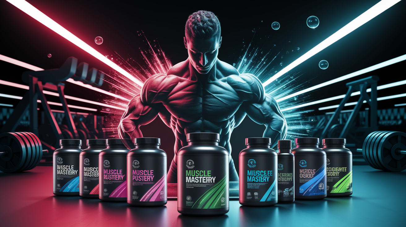 A conceptual illustration representing Muscle Fuel Mastery: What Is the Best Bodybuilding Supplement?. Visualize the main ideas: . Creative but clear representation of the concept. Style: photorealistic. high quality, detailed, professional, clean composition, good lighting, sharp focus, well-composed. high quality, professional, detailed, well-composed