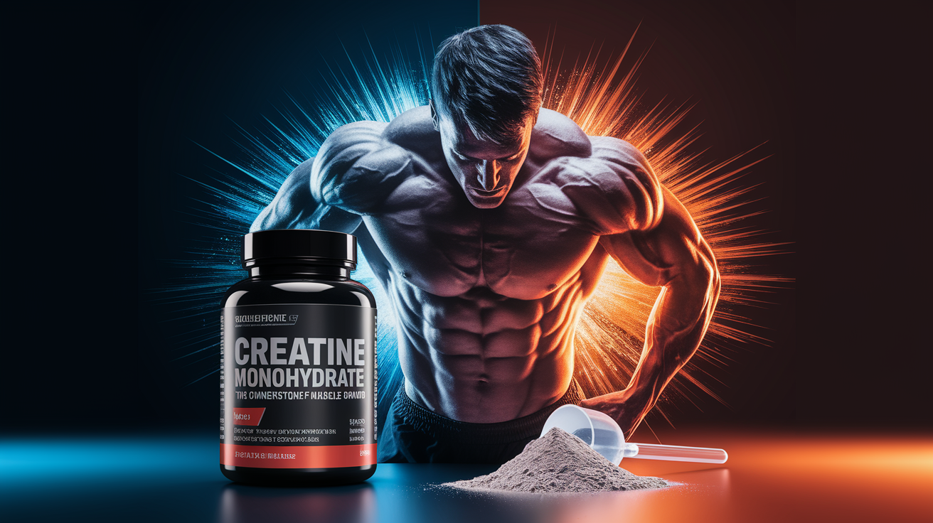 A conceptual illustration representing Creatine Monohydrate: The Cornerstone of Muscle Growth. Visualize the main ideas: . Creative but clear representation of the concept. Style: photorealistic. high quality, detailed, professional, clean composition, good lighting, sharp focus, well-composed. high quality, professional, detailed, well-composed
