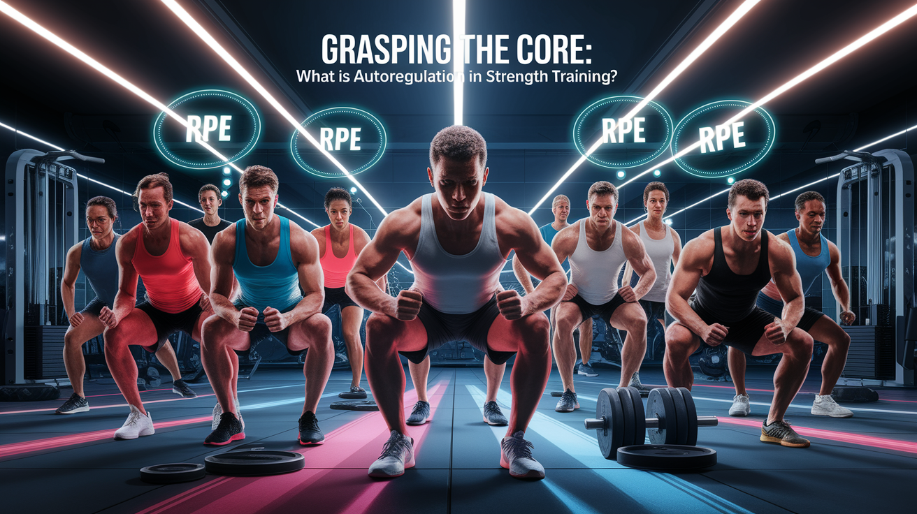 A conceptual illustration representing Grasping the Core: What is RPE Autoregulation in Strength Training?. Visualize the main ideas: . Creative but clear representation of the concept. Style: photorealistic. high quality, detailed, professional, clean composition, good lighting, sharp focus, well-composed. high quality, professional, detailed, well-composed