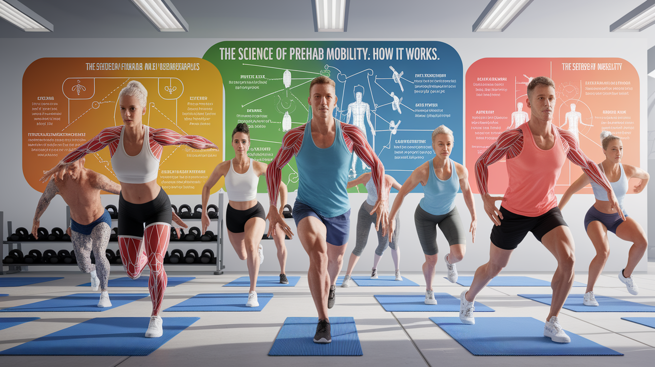 A conceptual illustration representing The Science of Prehab Mobility: How It Works. Visualize the main ideas: . Creative but clear representation of the concept. Style: photorealistic. high quality, detailed, professional, clean composition, good lighting, sharp focus, well-composed. high quality, professional, detailed, well-composed